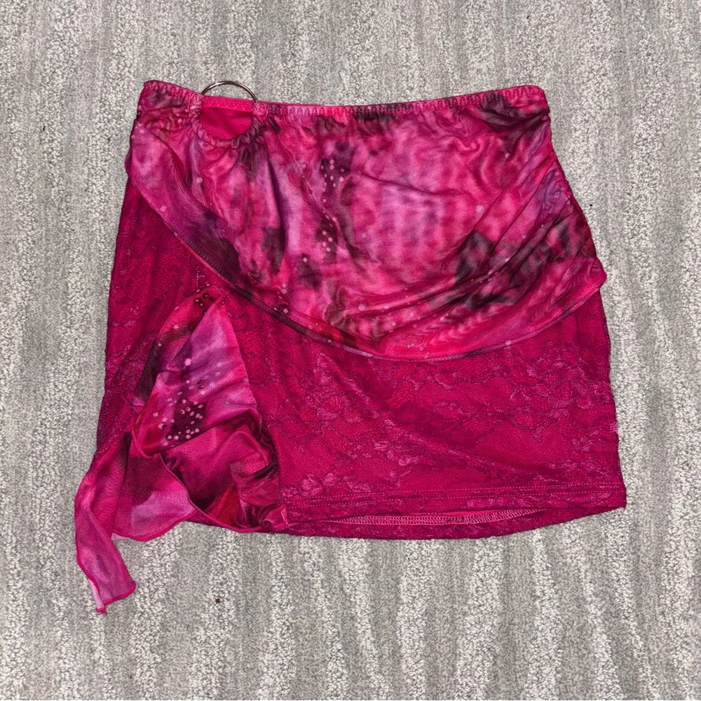 Fashion Nova Pink Tie Dye Ring Detail Mini Skirt Y2K Mesh Lace Women’s Sz S